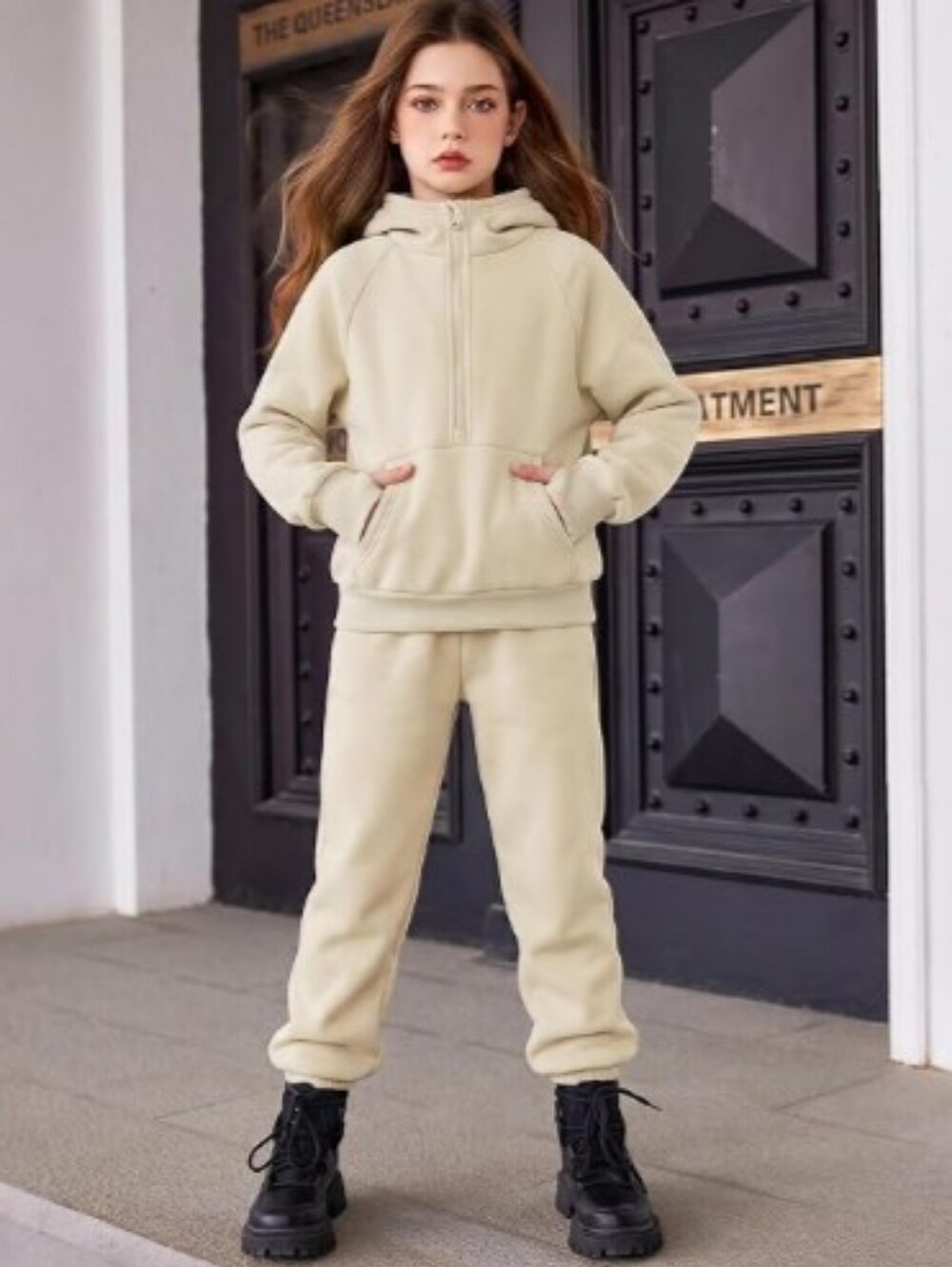 Girls 2 Piece Outfits Sweatsuit Half Zip Sweatshirt and Sweatpants Beige